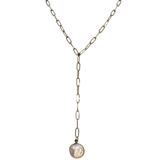 Unknown Jewelry - Gold Tone Paperclip Chain Y Drop Lariat Necklace White Real Coin Pearl Pendant